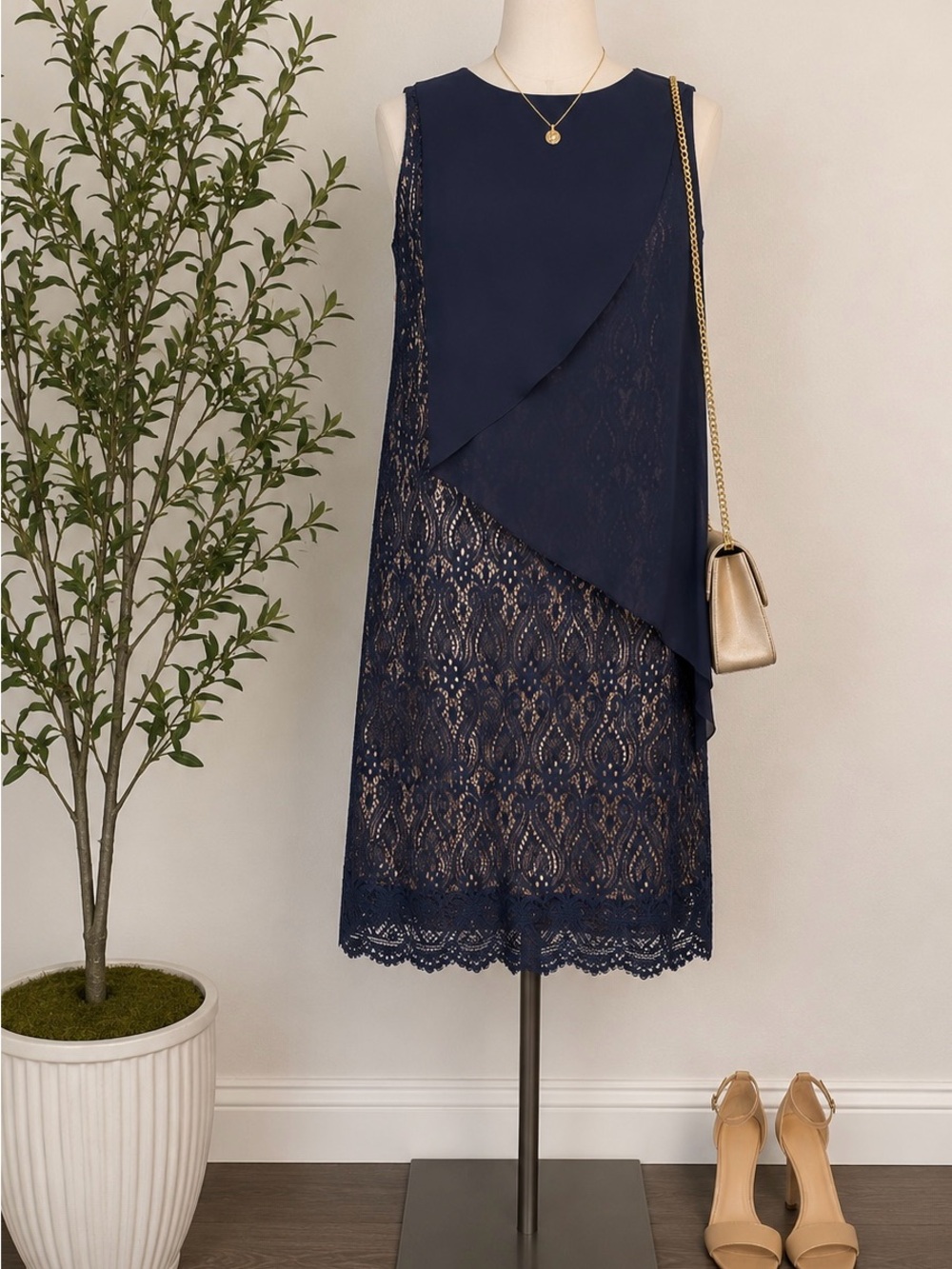 connected apparel Navy Lace Overlay Midi Dress